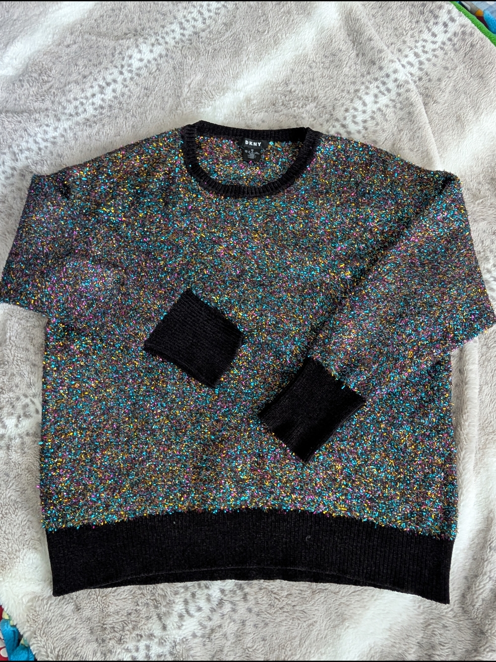 DKNY Multicolor Sparkle Crewneck Sweater with Black Trim